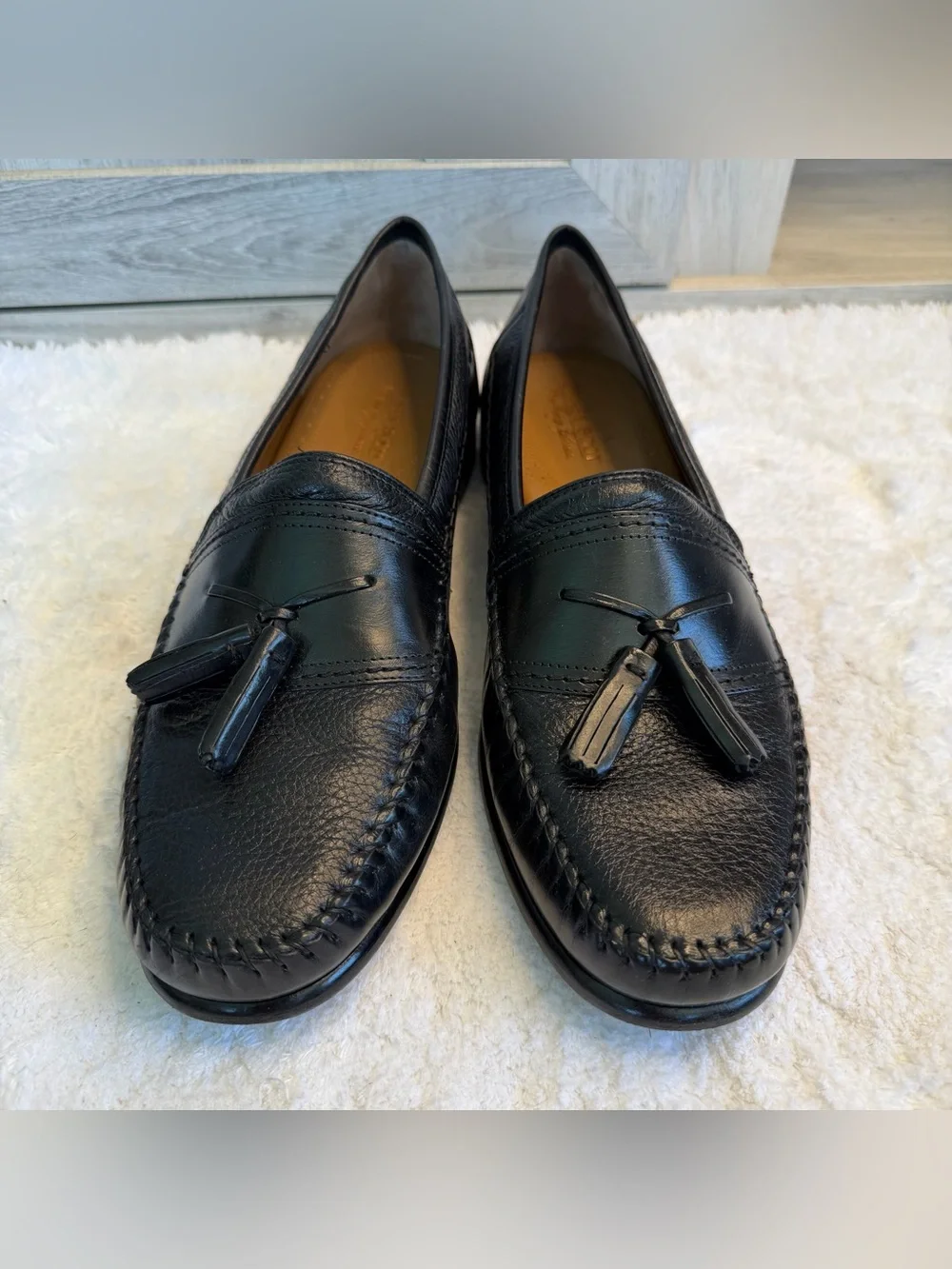 Brass Boot Loafers Black Leather Tassel Moc Round Toe Shoes Size 11.5